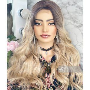 Dark Roots Creamy Blonde Natural Ombre Wavy Lace Front Wig | Virginia